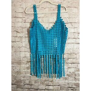New In Boho Top Womens Large Turquoise All Over Embroidery Crochet Fringe Sheer